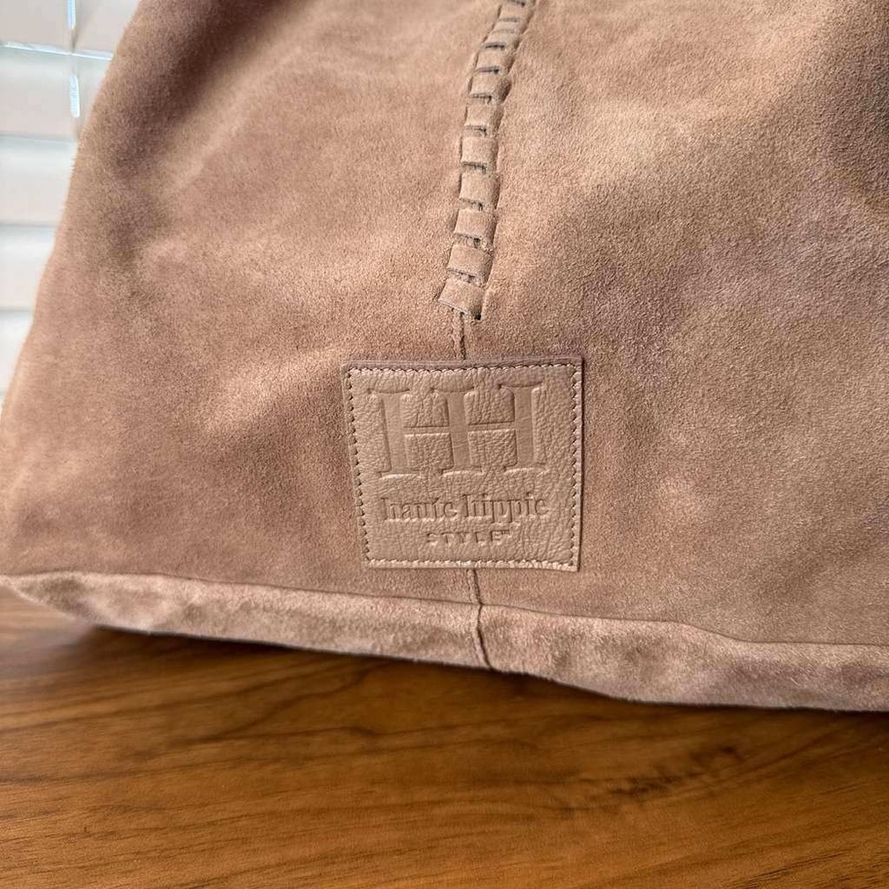 Haute Hippie Tan Suede Boho Slouchy Hobo Shoulder Bag Handbag Whipstitch Detail - Picture 12 of 16